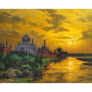Hanif Shahzad, Taj Mahal Sunset View, 35 x 46 Inch, Oil on Canvas, Cityscape Painting, AC-HNS-087